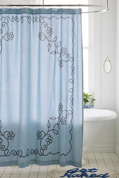 URBAN OUTFITTERS JESSIE GINGHAM FLORAL PATTERNED SHOWER CURTAIN IN BLUE AT URBAN OUTFITTERS