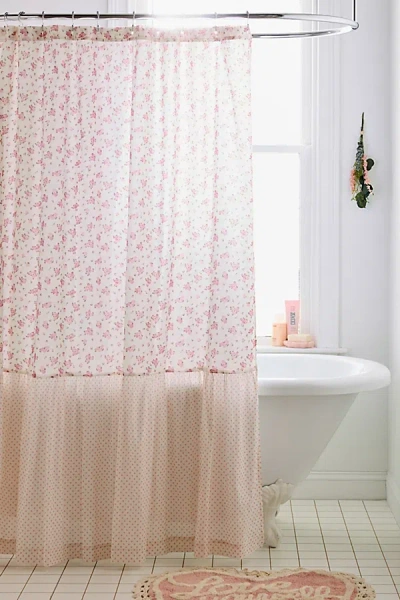 URBAN OUTFITTERS MAISIE FLORAL PATTERNED RUFFLED SHOWER CURTAIN IN PINK AT URBAN OUTFITTERS