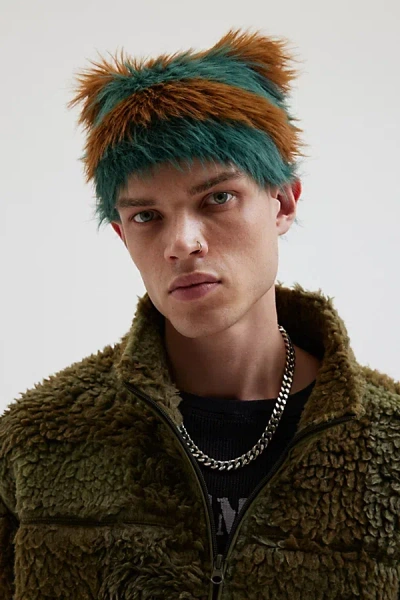 URBAN OUTFITTERS MYLO HAIRY STRIPE FAUX FUR BEANIE IN BROWN, MEN'S AT URBAN OUTFITTERS