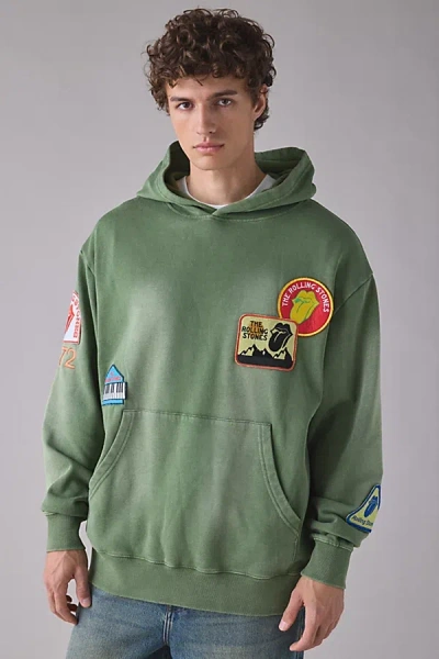 URBAN OUTFITTERS ROLLING STONES PATCHES HOODIE SWEATSHIRT IN GREEN, MEN'S AT URBAN OUTFITTERS