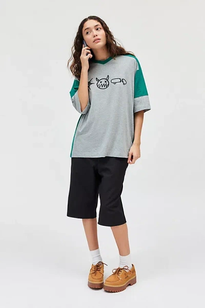 URBAN OUTFITTERS SKATE ICON GRAPHIC OVERSIZED V-NECK JERSEY TEE IN GREY, WOMEN'S AT URBAN OUTFITTERS