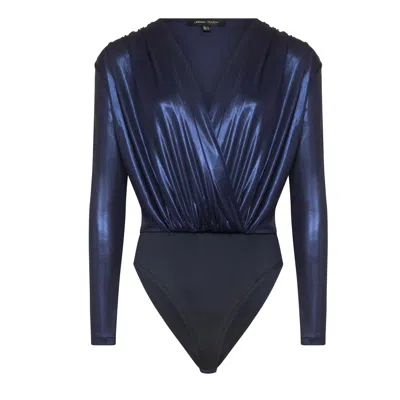 URBAN TOUCH WOMEN'S BLUE PREMIUM JERSEY METALLIC WRAP BODYSUIT NAVY