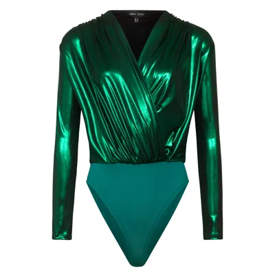 URBAN TOUCH WOMEN'S PREMIUM JERSEY METALLIC WRAP BODYSUIT GREEN