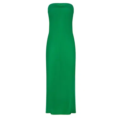 URBAN TOUCH WOMEN'S STRAPLESS FOLDED BUST SATIN MAXI DRESS GREEN