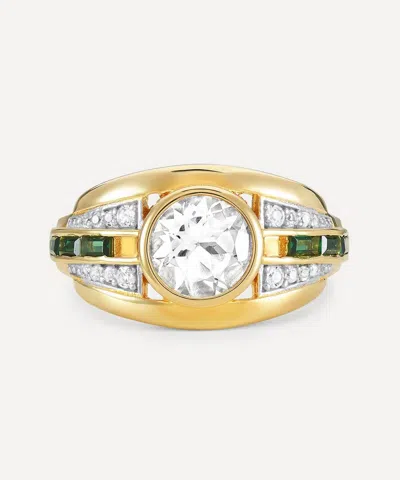 V BY LAURA VANN V BY LAURA VANN 18CT GOLD-PLATED VERMEIL SILVER OLIVE WHITE TOPAZ AND GREEN STONE BOMBE RING