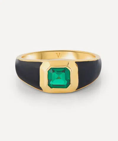 V BY LAURA VANN V BY LAURA VANN 18CT GOLD-PLATED VERMEIL SILVER SOPHIE BLACK ENAMEL AND EMERALD SIGNET RING