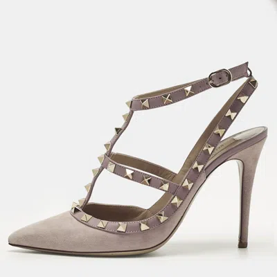 VALENTINO GARAVANI BEIGE SUEDE ROCKSTUD ANKLE STRAP PUMPS SIZE 39.5