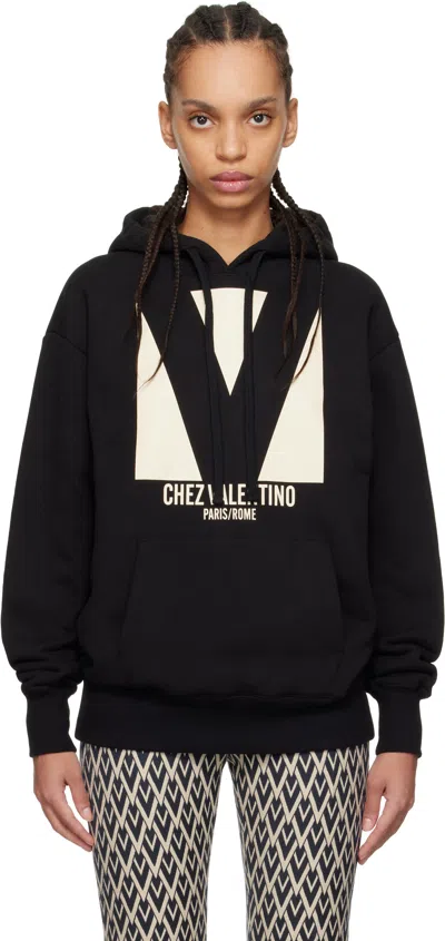 VALENTINO BLACK COTTON 'CHEZ VALENTINO' PRINT HOODIE