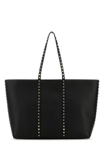 VALENTINO GARAVANI BLACK LEATHER ROCKSTUD SHOPPING BAG