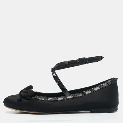 VALENTINO GARAVANI BLACK SATIN BOW ROCKSTUD ANKLE STRAP BALLET FLATS SIZE 36