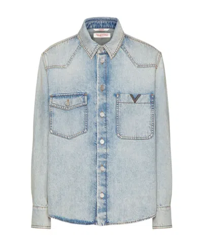 VALENTINO VALENTINO LOGO PLAQUE LONG-SLEEVED DENIM SHIRT