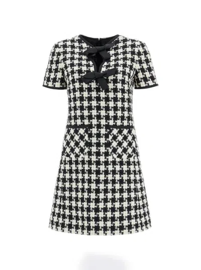 VALENTINO VALENTINO DAMIER LIGHT TWEED SHORT DRESS IVORY AND BLACK