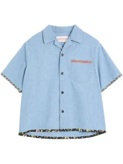 VALENTINO FLORAL-TRIM DENIM BOWLING SHIRT