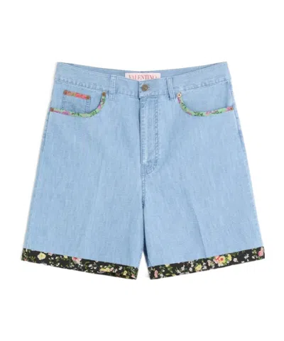 VALENTINO VALENTINO FLORAL-TRIM DENIM SHORTS