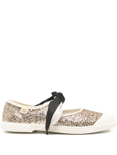 VALENTINO GARAVANI GLITTERED BOW-DETAIL BALLET FLATS