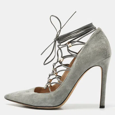 VALENTINO GARAVANI GREY SUEDE ROCKSTUD ANKLE WRAP POINTED TOE PUMPS SIZE 38