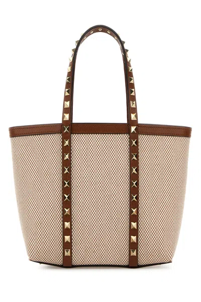 VALENTINO GARAVANI VALENTINO GARAVANI TWO-TONE CANVAS MEDIUM ROCKSTUD HANDBAG