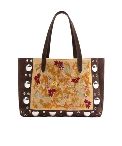 VALENTINO GARAVANI VALENTINO VLOGO PLAQUE FLORAL EMBROIDERED TOTE BAG