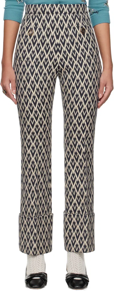 VALENTINO OFF-WHITE & NAVY TOUTE 'LA V' JACQUARD TROUSERS