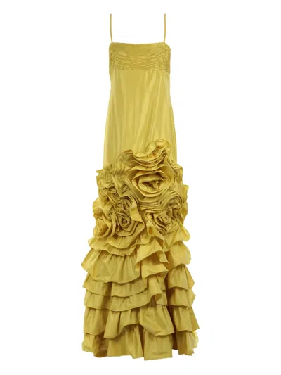 VALENTINO PLEATED ROSE-EMBELLISHED MIDI DRESS