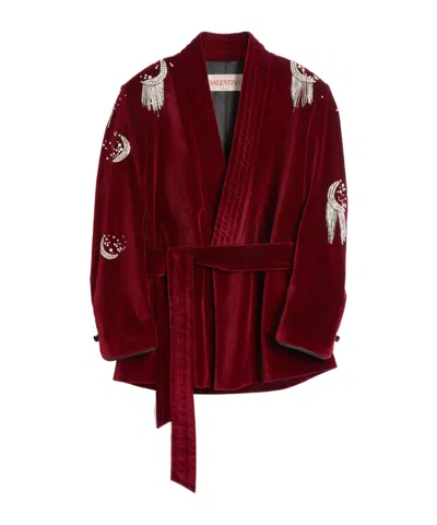 VALENTINO COTTON VELVET BELT JACKET WITH RHINESTONE AND BEAD EMBROIDERY