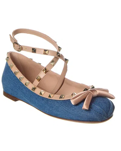 VALENTINO GARAVANI ROCKSTUD DENIM & LEATHER BALLERINA FLAT
