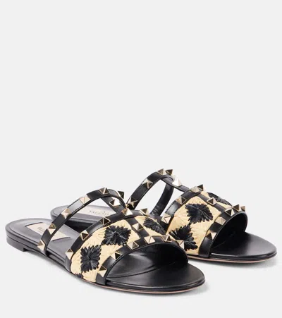 VALENTINO GARAVANI ROCKSTUD RAFFIA-TRIMMED LEATHER SANDALS