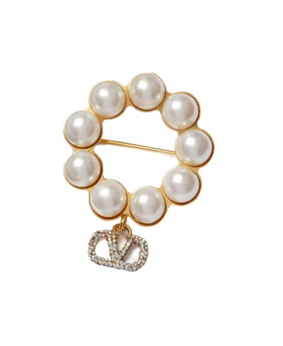 VALENTINO GARAVANI VLOGO SIGNATURE METAL BROOCH WITH SWAROVSKI CRYSTALS AND PEARLS