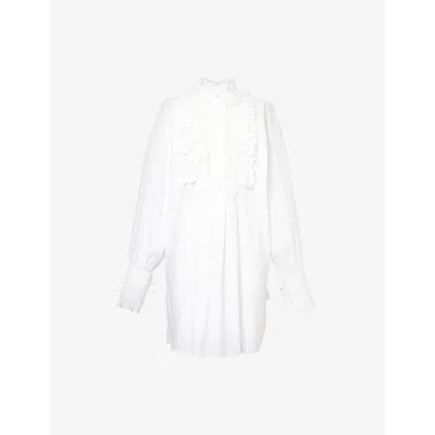 VALENTINO WOMENS BIANCO RUFFLE-TRIM LONG-SLEEVE COTTON-LINEN BLEND MINI DRESS