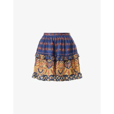 VALENTINO WOMENS INDACO MULTICOLOR TIERED PAISLEY-PRINT LINEN MINI SKIRT