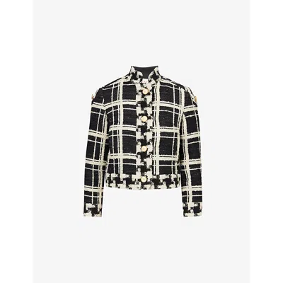 VALENTINO WOMENS NERO AVORIO CHECK-PATTERN TWEED CROPPED WOOL-BLEND JACKET