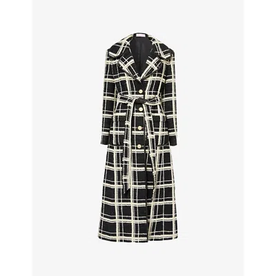 VALENTINO WOMENS NERO AVORIO CHECK TWEED SINGLE-BREASTED LONG WOOL-BLEND COAT