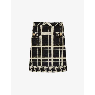 VALENTINO WOMENS NERO AVORIO CHECK TWEED WOOL-BLEND MINI SKIRT