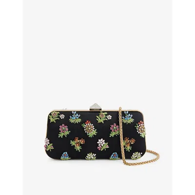 VALENTINO GARAVANI WOMENS NERO-MULTICOLOR/CRYSTAL FLOWER BEAD-EMBELLISHED SILK-BLEND MINAUDIÈRE CLUTCH BAG