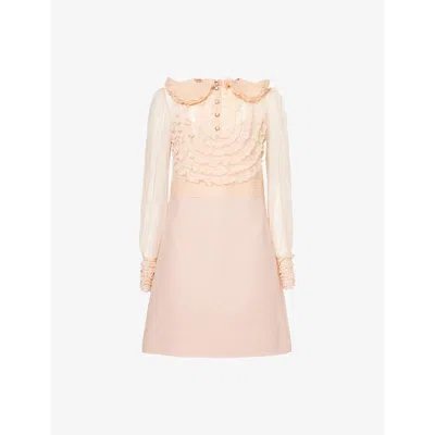 VALENTINO WOMENS ROSE MIST RUFFLE-TRIM LONG-SLEEVE SILK CREPE MINI DRESS