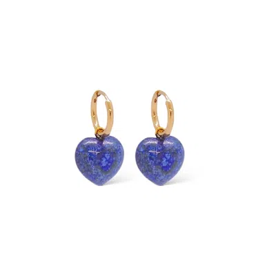 VALERIE CHIC WOMEN'S BLUE / GOLD HEART LAPIS LAZULI HOOP EARRINGS