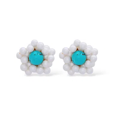 VALERIE CHIC WOMEN'S GOLD / BLUE / WHITE SEA FLOWER PEARL EARRINGS
