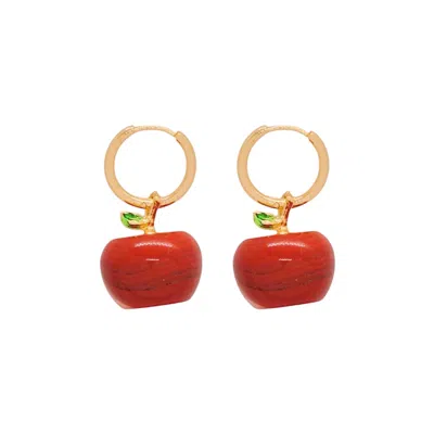 VALERIE CHIC WOMEN'S GOLD / RED APPLE JASPER HOOP EARRINGS 18K GOLD