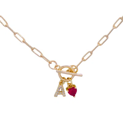 VALERIE CHIC WOMEN'S RED / GOLD INITIAL LETTER RUBY HEART NECKLACE