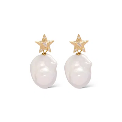 VALERIE CHIC WOMEN'S WHITE / GOLD BAROQUE PEARL STAR EARRINGS 18K GOLD