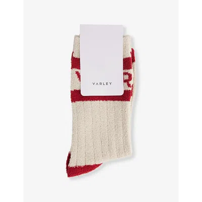 VARLEY WOMENS SANDSHELL/ RED DAHLIA SPENCER LOGO-INTARSIA SOCKS