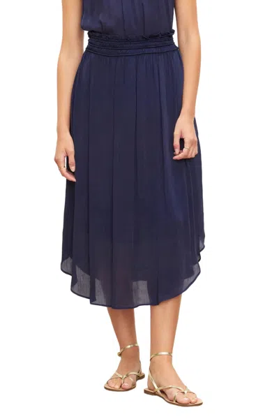 VELVET BY GRAHAM & SPENCER CRINKLED VISCOSE MIDI SKIRT IN NAVY