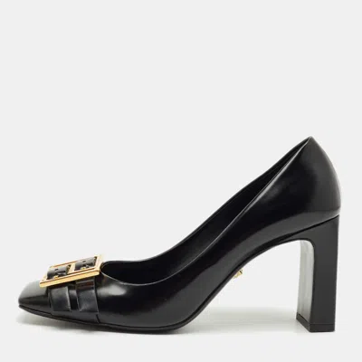 VERSACE BLACK LEATHER BLOCK HEEL PUMPS SIZE 38.5