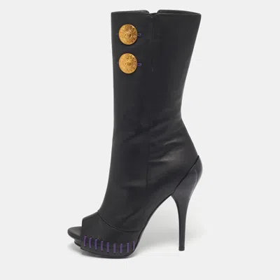 VERSACE BLACK LEATHER MEDUSA MID CALF PEEP TOE BOOTS SIZE 39