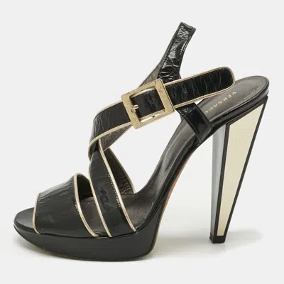 VERSACE BLACK PATENT LEATHER ANKLE STRAP SANDALS SIZE 39