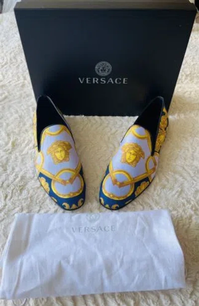 VERSACE VERSACE BLUE AND GOLD BAROCCO SATIN SLIPPERS ITALY 46 USA 13 RETAIL $900