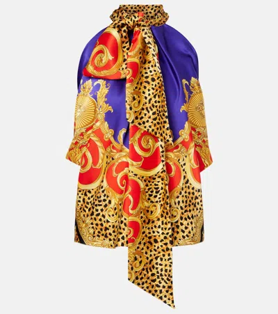 VERSACE BOW-DETAIL PRINTED SILK SATIN TOP