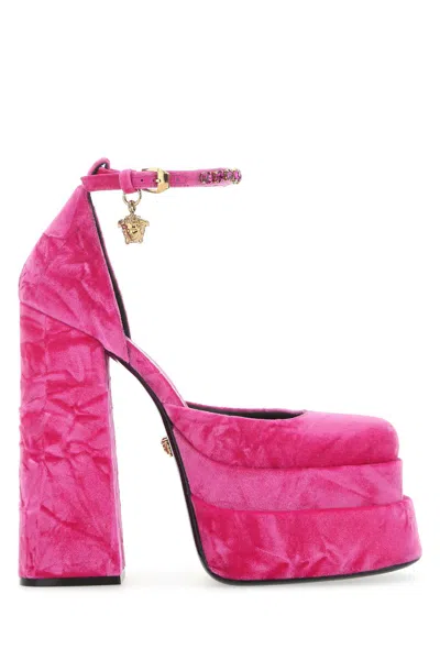 VERSACE VERSACE FUCHSIA VELVET MEDUSA AEVITAS PUMPS