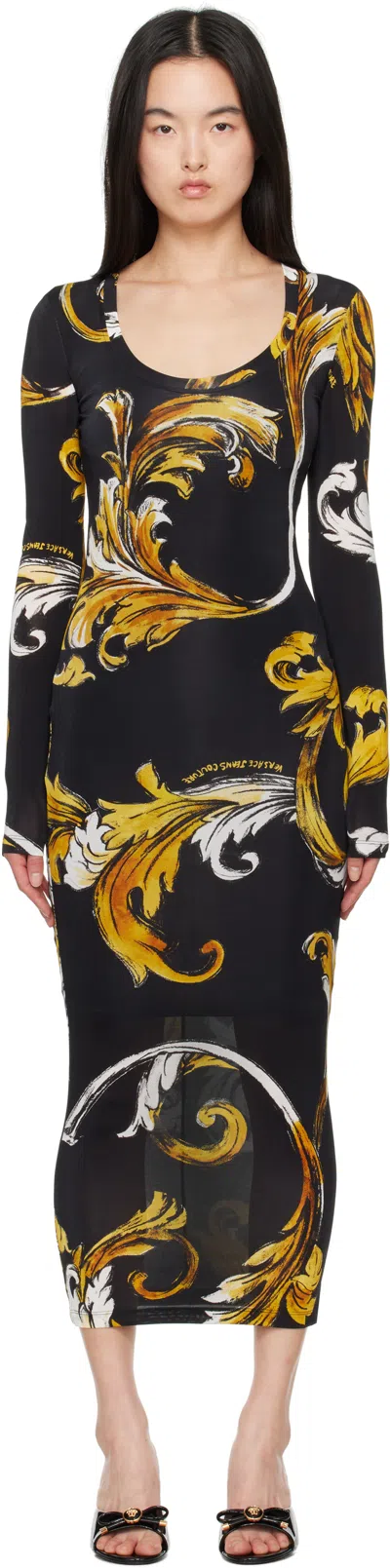 VERSACE JEANS COUTURE BLACK & YELLOW OUTLINE BAROCCO MIDI DRESS