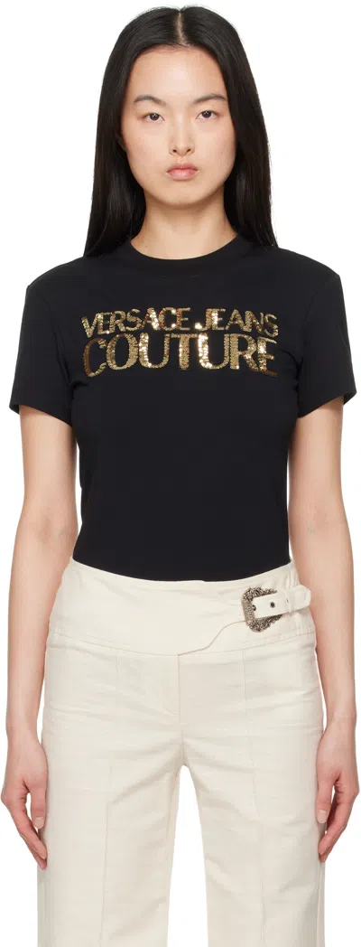 VERSACE JEANS COUTURE BLACK CRYSTAL INSTITUTIONAL LOGO T-SHIRT